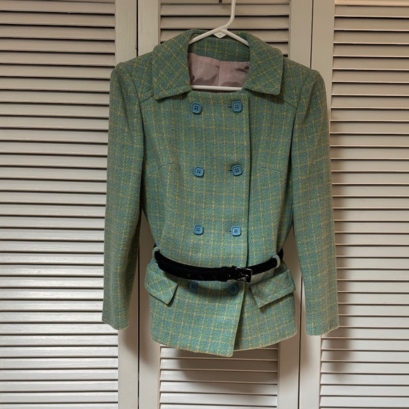 Vintage 1960s Double Breasted Wool Plaid Tweed Jacket Small USA - Picture 3 of 16